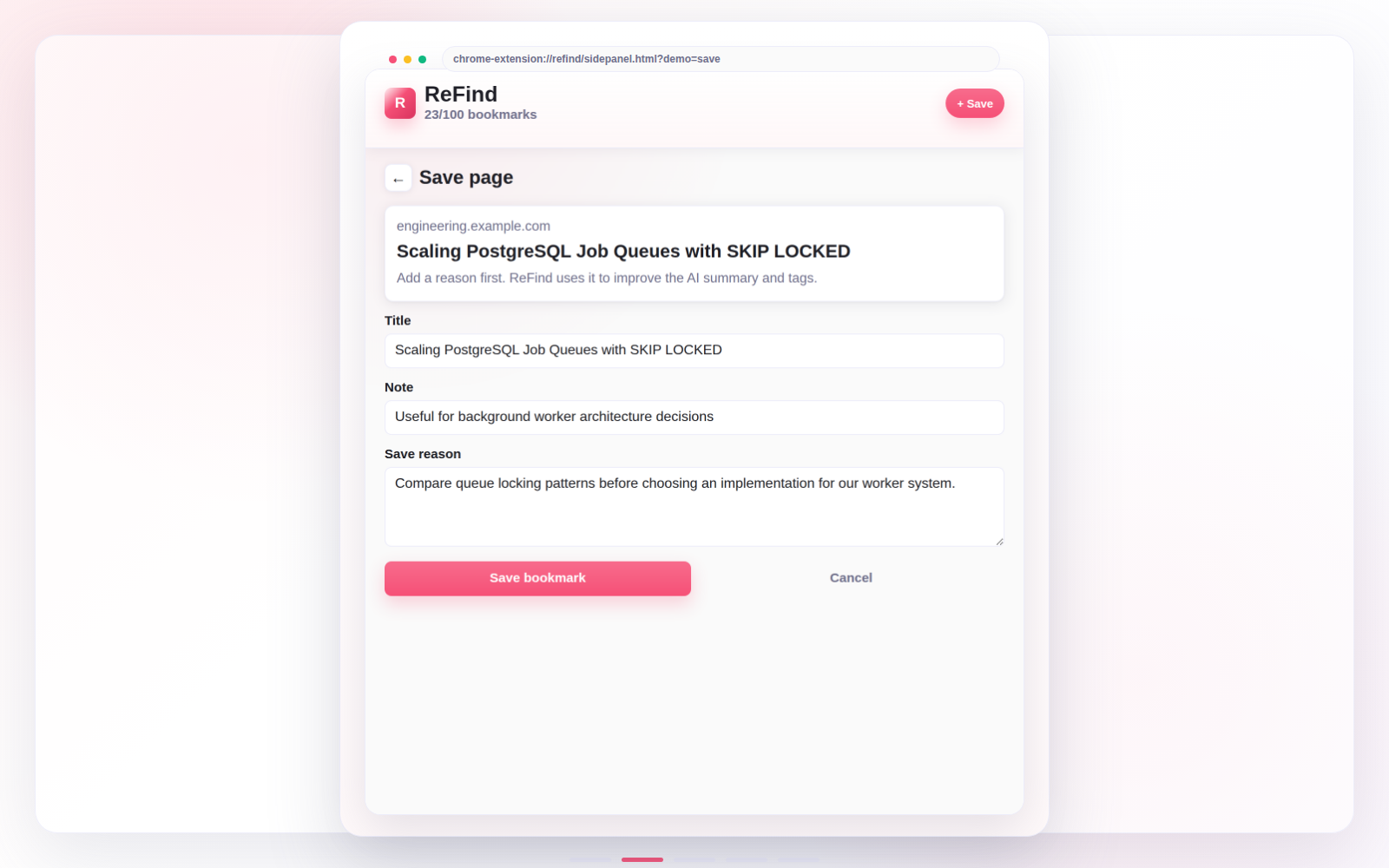 ReFind save page screen with title, URL, note, and save reason