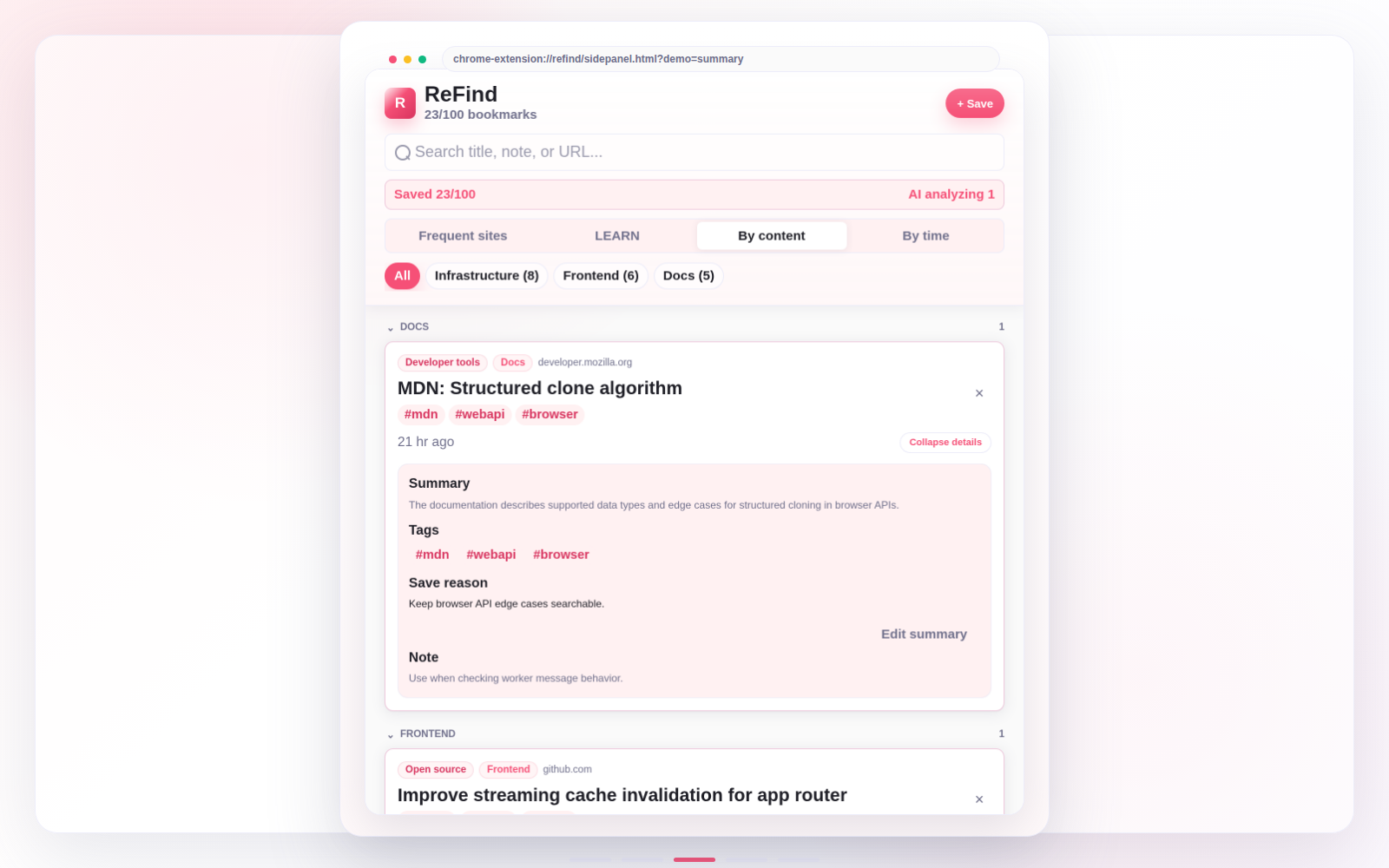 ReFind AI summary, tags, and category screen